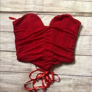 Red Ruched Strapless Lace Up Corset Top